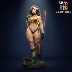 May include: A detailed figurine of a character in a yellow and green outfit, holding a staff. The figure has a green headband, gloves, and boots. The outfit has a yellow X on the chest. The figure is standing on a rocky base.