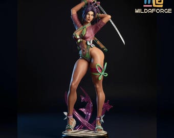 May include: A detailed figurine of a woman in a pink and green outfit, holding a katana. The figure has purple hair and is posed on a decorative base with the text "MILDAFORGE". The figure is approximately 12 inches tall.