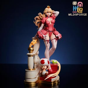 Peut inclure: Figurine détaillée de la Princesse Peach de la franchise Super Mario. La figurine est dans une pose dynamique, vêtue d'une robe rouge avec des accents blancs et une couronne dorée. Un personnage de Toad et une étoile sont également inclus dans la conception. La base est une plateforme décorative.