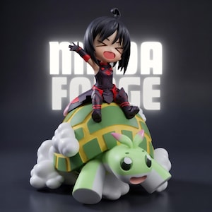 May include: A figurine of a character with black hair and a red and black outfit, seated on a green and white turtle-like creature. The turtle has a smiling face and pink accents. The background features the text "MIDA FORGE" in white.