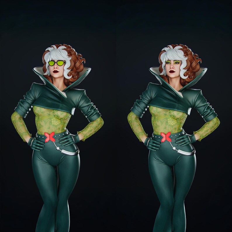 Pode incluir: Duas est&aacute;tuas de uma personagem com cabelo branco e castanho, vestindo uma roupa verde com um cinto de la&ccedil;o vermelho e &oacute;culos de sol verdes. As est&aacute;tuas posam com as m&atilde;os nas ancas, contra um fundo escuro.