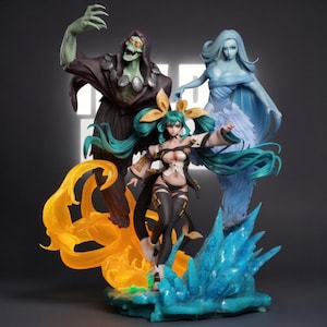 May include: A detailed figurine featuring three fantasy characters. The central figure is a woman with teal hair and a white and black outfit, standing on a blue and white base. Behind her are a skeletal figure and a blue-toned woman.
