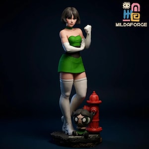May include: A detailed figurine of a character from the Powerpuff Girls. The figure is wearing a green dress, white gloves, and boots. A smaller figurine of Buttercup and a red fire hydrant are also present. The Mildaforge logo is visible.
