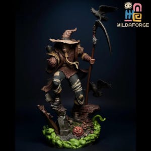 May include: A detailed figurine of a scarecrow character, wearing a brown coat, hat, and tattered pants. The figure holds a scythe and is accompanied by crows. The base features a pumpkin and brickwork. The text "MILDAFORGE" is visible.