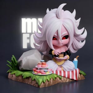 May include: A figurine of a character with pink hair and red eyes, seated on a red and white striped blanket. The figure is holding a piece of cake, with a stack of macarons and a drink nearby. The background has the text "MF".