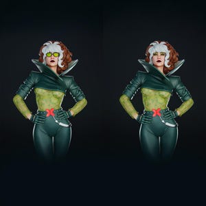 Pode incluir: Um busto da personagem de banda desenhada, Rogue, com cabelo verde e branco, vestindo uma roupa verde com uma fivela de cinto vermelha em forma de X. A figura tem uma parte superior, luvas e cal&ccedil;as verdes, com um casaco e gola verde escuro. O fundo &eacute; preto.