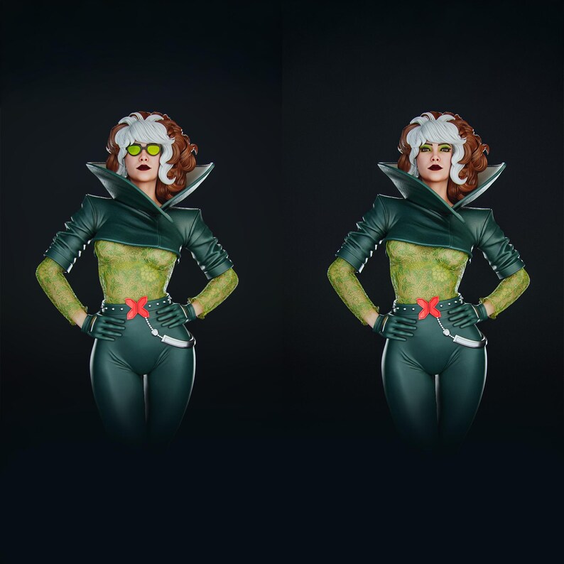 Pode incluir: Um busto da personagem de banda desenhada, Rogue, com cabelo verde e branco, vestindo uma roupa verde com uma fivela de cinto vermelha em forma de X. A figura tem uma parte superior, luvas e cal&ccedil;as verdes, com um casaco e gola verde escuro. O fundo &eacute; preto.