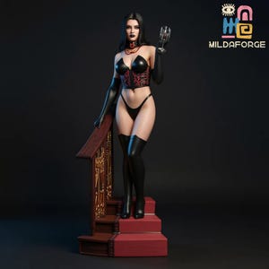 May include: A statue of a woman in a black corset with red accents, black lingerie, and thigh-high boots, holding a wine glass. The statue stands on a red staircase with a wooden railing. The logo "MILDAFORGE" is visible.