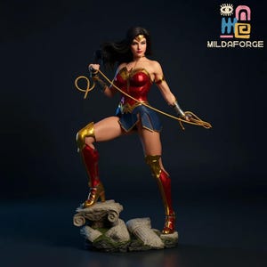 May include: A Wonder Woman statue in a dynamic pose, wearing a red and blue costume with gold accents. She holds a golden lasso, standing on a stone base. The statue has a detailed design and is set against a dark background.