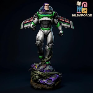 May include: A detailed Buzz Lightyear action figure in a dynamic pose, featuring a white, green, and black spacesuit with articulated wings. The figure stands on a detailed base with purple and green accents, showcasing the "Mildaforge" logo.