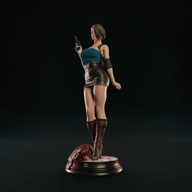 May include: A detailed figurine of a woman in a blue top, black skirt, and brown boots, holding a gun. The figure stands on a circular base with a red cloth and a symbol. The overall aesthetic is a stylized, action-oriented design.