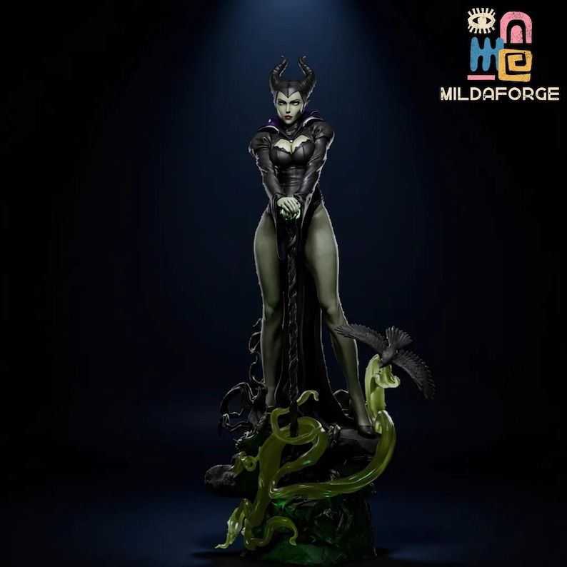 May include: A detailed figurine of a character with black horns, wearing a black dress, and holding a staff. A black bird is perched on a green, vine-like structure at the base. The figurine has a dark green complexion and is set against a dark background.
