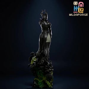 May include: A black figurine of a character with horns, wearing a long dress and boots. The figurine is standing on a dark base with green accents. The text "MILDAFORGE" is visible in the upper right corner.