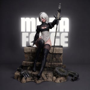 May include: A detailed figurine of a character with white hair, wearing a black and white outfit, and holding a sword. The figure is seated on a stone structure, with the words "MEGA FORCE" in a glowing font in the background.