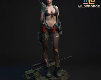 May include: A detailed figurine of a woman in a black bikini top and bottoms, wearing torn stockings and combat boots. She holds a walkie-talkie and is equipped with tactical gear. A green sniper rifle rests on the base. The figurine is on a dark background.