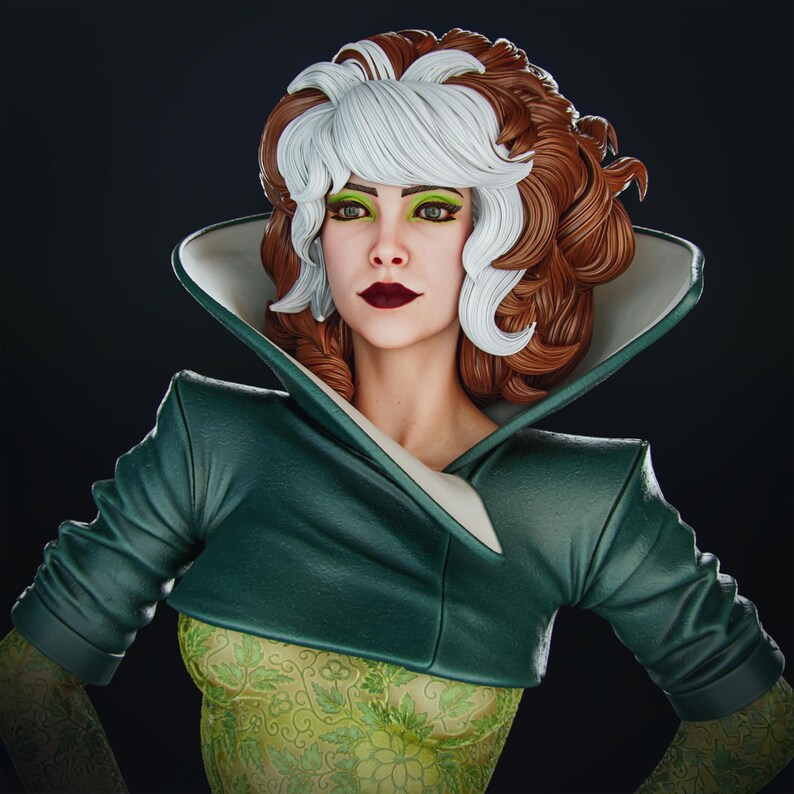 Pode incluir: Busto detalhado de uma personagem com cabelo castanho-avermelhado com detalhes brancos. Ela usa um casaco verde com uma gola larga sobre um top verde com estampa floral. Sua maquiagem inclui sombra verde e batom vermelho escuro.