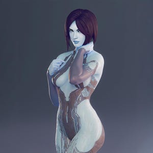 May include: A digital rendering of a female figure with blue skin and short, dark red hair. The figure wears a form-fitting bodysuit with brown and white accents. The pose is graceful, with one hand touching the neck.