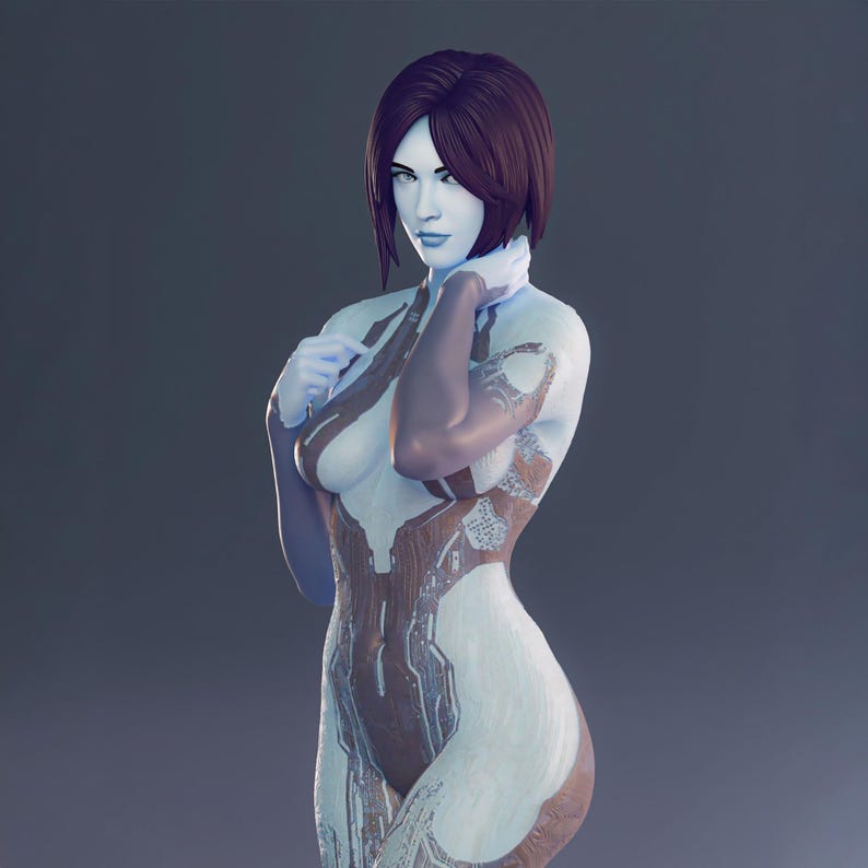 May include: A digital rendering of a female figure with blue skin and short, dark red hair. The figure wears a form-fitting bodysuit with brown and white accents. The pose is graceful, with one hand touching the neck.