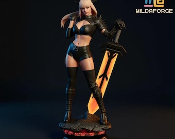 May include: A detailed figurine of a woman in a black outfit, holding a glowing orange sword. The figure has blonde hair and is standing on a rocky base. The figurine is a collectible item with the text "MILDAFORGE" on the top right.