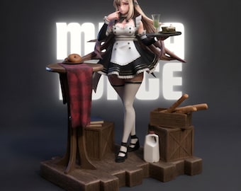 May include: A figurine of a maid with long blonde hair, wearing a black and white maid outfit, holding a tray with a drink and cake. A table with a donut and a red cloth is on the left. Wooden crates and a milk jug are on the right.