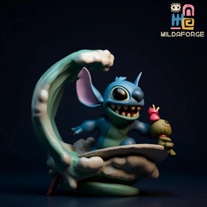 May include: A blue Stitch figurine surfing a wave, holding a small doll. The figurine has large ears and a wide grin. The wave is a light teal color, and the base is white and green. The logo "MILDAFORGE" is in the upper right corner.