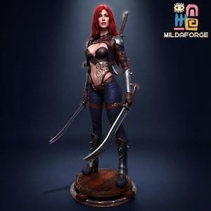 May include: A detailed figurine of a warrior woman with red hair, clad in brown and blue armor, holding two swords. The figure stands on a wooden base, with the "MILDAFORGE" logo visible in the background. The warrior has a tattoo design on her abdomen.