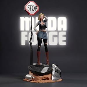 Pode incluir: Estatueta de uma personagem feminina loira, vestindo um top preto, saia jeans e botas marrons, ao lado de uma placa de pare. A base apresenta uma placa de trânsito danificada e o texto "MANDA FORGE" ao fundo.