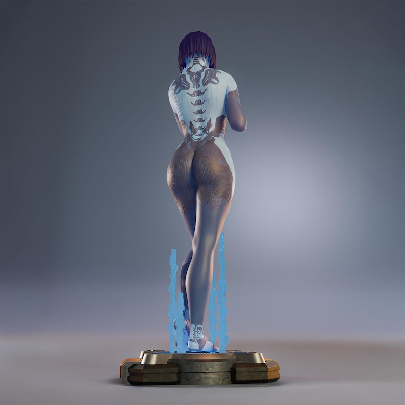 May include: A 3D-printed figurine of a person with a skeleton design on the back. The figure is standing on a platform with blue water-like effects. The figure has a white and brown color scheme.