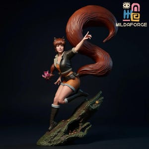 May include: A detailed figurine of a woman with a large, flowing, reddish-brown tail, wearing a black jacket, orange top, and shorts. She is holding a pink flower and is posed on a mossy log. The figurine is a collectible item.