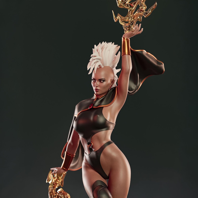 May include: A detailed statue of a character with white hair and a black and orange outfit, holding a golden object aloft. The figure is posed dynamically against a dark background, showcasing intricate details and a powerful stance.