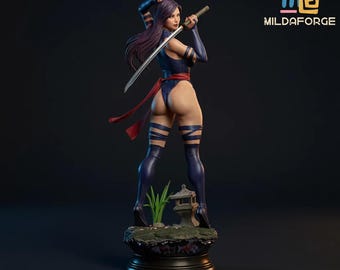 May include: A detailed figurine of a female character in a blue and red costume, holding a katana. The figure has purple hair and is posed on a decorative base with a small pagoda and greenery. The Mildaforge logo is visible.