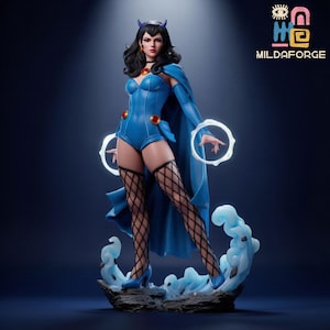 May include: A detailed figurine of a character in a blue bodysuit, cape, and high heels, with black fishnet stockings. The figure has black hair, a choker, and a headpiece. The figure is standing on a base with blue water-like elements. The brand name "MILDAFORGE" is visible.