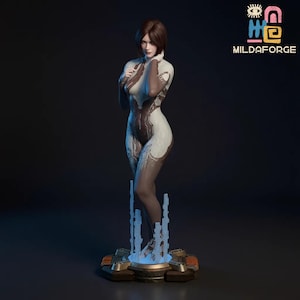 May include: A detailed figurine of a woman in a futuristic bodysuit, with brown and white accents. The figure stands on a platform with a blue light, and the logo "MILDAFORGE" is visible in the top right corner.