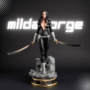May include: A detailed figurine of a character in a black bodysuit with a deep neckline, white gloves, and white boots. The figure holds two curved swords with gold hilts and stands on a gray rocky base with a gold DC logo. The text mildaorge is visible.