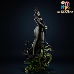 May include: A detailed statue of a character in a long black dress, holding a staff with a glowing green orb. The figure has a green complexion, black horns, and is standing on a base with green and black accents. The logo "MILDAFORGE" is in the upper right corner.