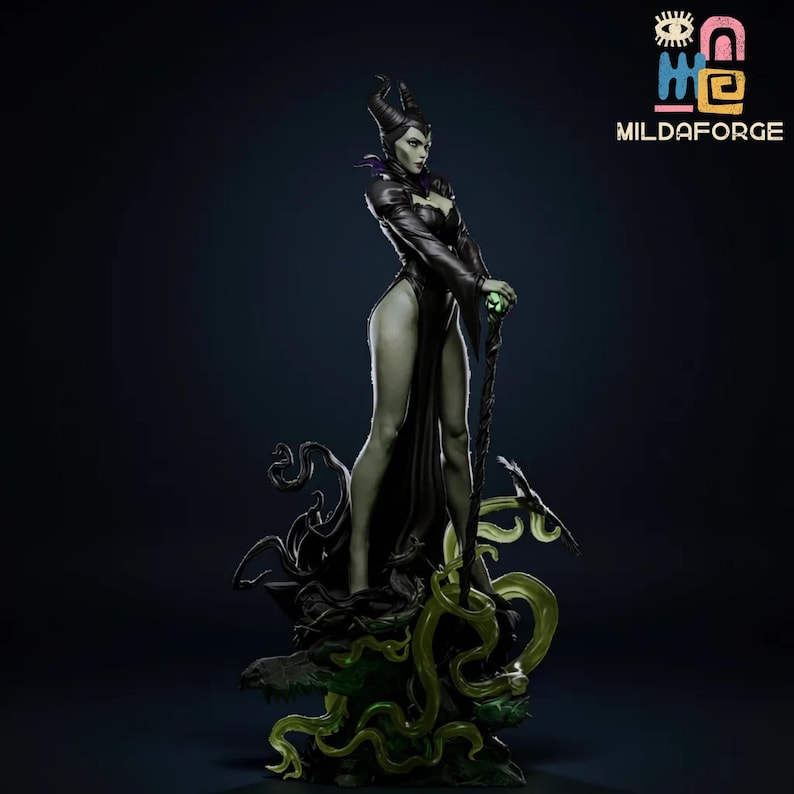 May include: A detailed statue of a character in a long black dress, holding a staff with a glowing green orb. The figure has a green complexion, black horns, and is standing on a base with green and black accents. The logo "MILDAFORGE" is in the upper right corner.