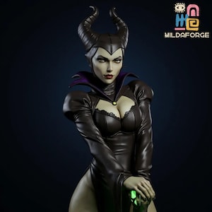 May include: A detailed statue of a character with dark horns, green eyes, and a black dress with a high collar and lace detailing. The figure is holding a green object. The logo "MILDAFORGE" is visible in the top right corner.