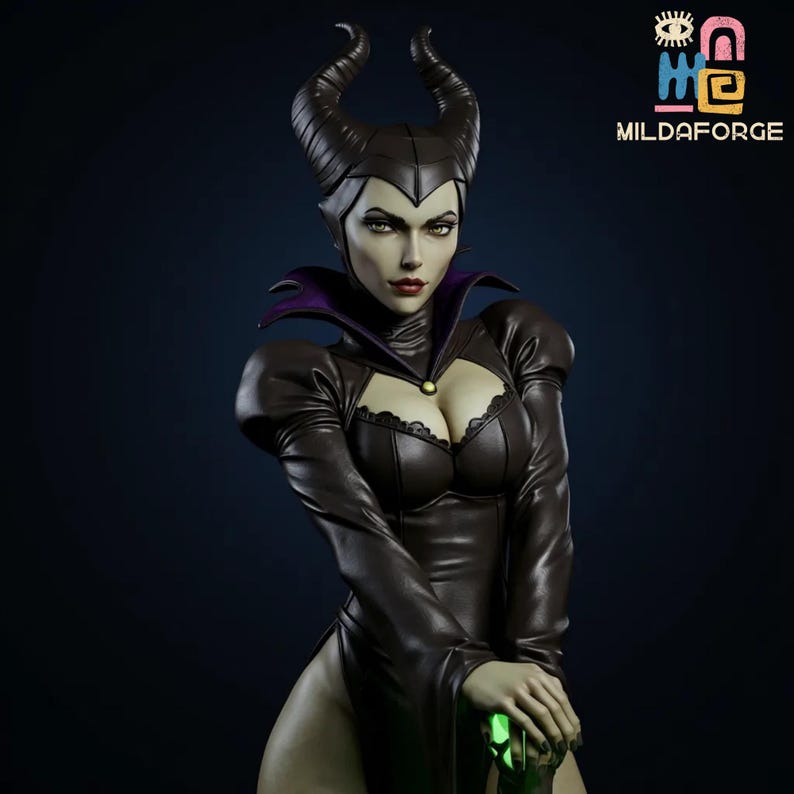 May include: A detailed statue of a character with dark horns, green eyes, and a black dress with a high collar and lace detailing. The figure is holding a green object. The logo "MILDAFORGE" is visible in the top right corner.