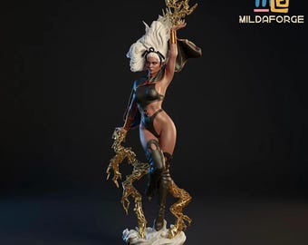 May include: A detailed figurine of Storm from the X-Men, in a dynamic pose with white hair and a black costume. She holds golden lightning bolts, standing on a cloud base. The figurine is on a black base, with the "MILDAFORGE" logo visible.