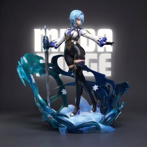 May include: A detailed figurine of a female character with short blue hair, wearing a white and black outfit, and holding a sword. The figure stands on a blue and white icy base with the text "Monda Forge" in the background.