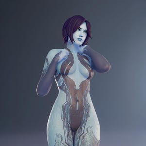 May include: A digital rendering of a female figure with pale blue skin and short auburn hair. The figure is adorned with a brown and white patterned design across the body, with dark purple accents on the arms and hands.