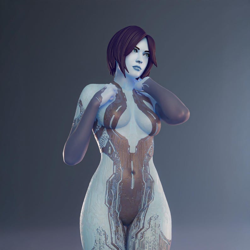 May include: A digital rendering of a female figure with pale blue skin and short auburn hair. The figure is adorned with a brown and white patterned design across the body, with dark purple accents on the arms and hands.