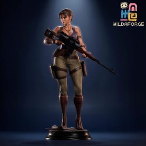 May include: A detailed figurine of a woman holding a sniper rifle. She wears a blue top, tan pants, and brown boots. The figure has a serious expression and is posed on a black base. The logo "MILDAFORGE" is visible.