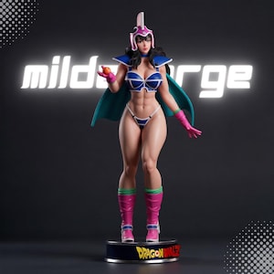 May include: A collectible figurine of a character with long black hair, wearing a pink and white helmet, blue and white armor, a teal cape, and pink boots. The character holds a small orange sphere. The base features the text Dragon Ball Z.