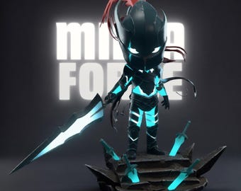 Chibi Shadow Knight STL 3D Print Mini Dark Warrior Figure with Glowing Swords Base