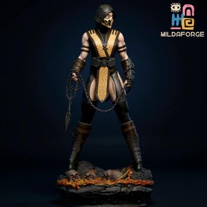 May include: A detailed figurine of a character in a black and yellow costume, with a mask and hood. The figure is holding a chain weapon and stands on a rocky base with skulls. The figure is a Mortal Kombat character.