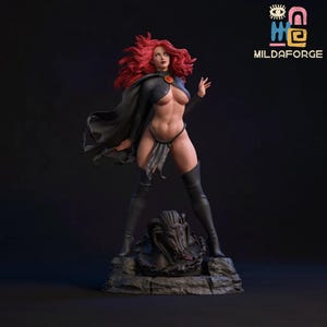 May include: A detailed figurine of a woman with flowing red hair, wearing a black cape and boots. The figure is standing on a stone base with a sculpted head. The figurine has a dark background and the text "MILDAFORGE" is visible.