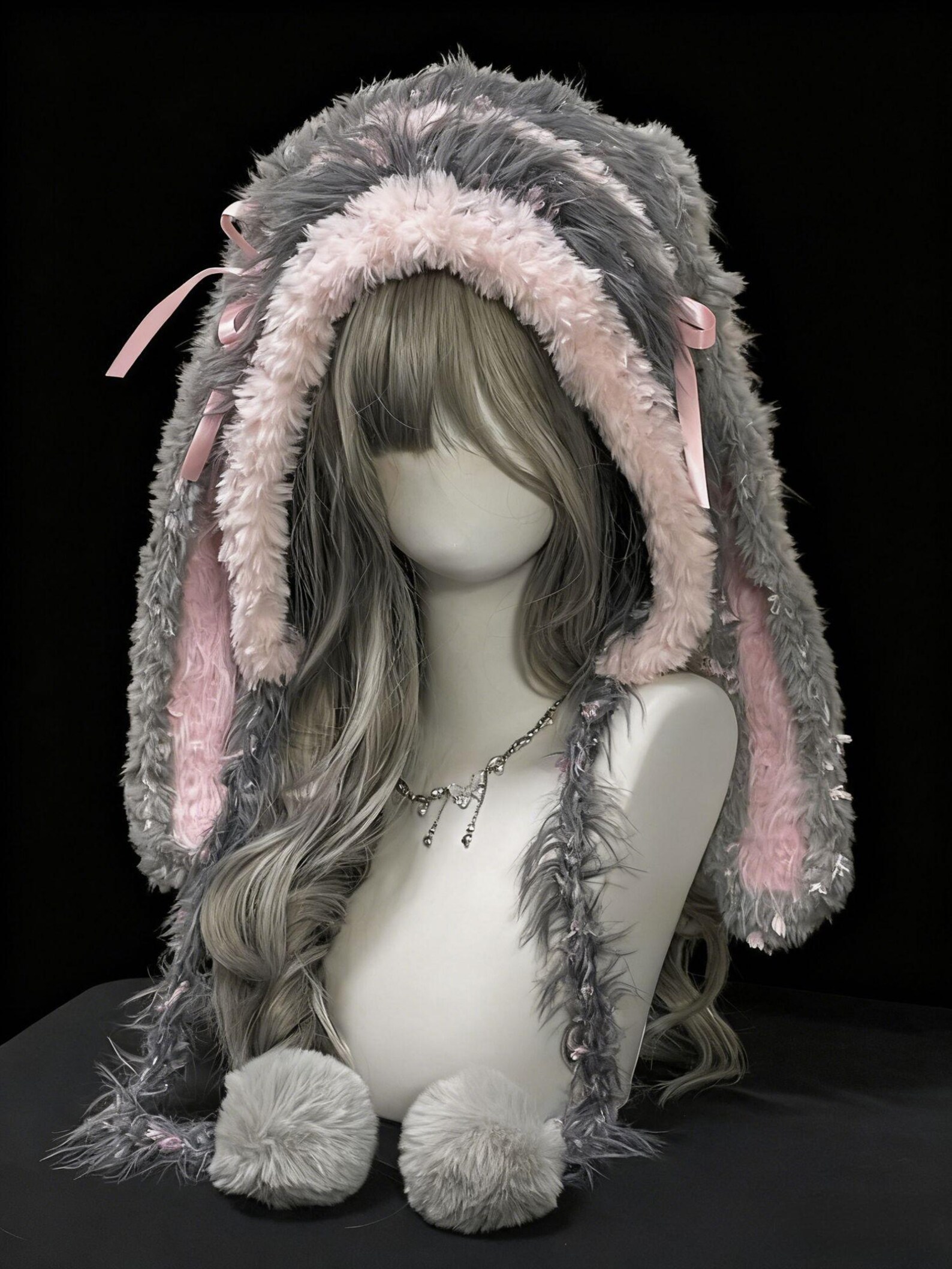 Pink Rabbit Hood Pink & Grey Bunny-eared Hood, Kawaii Plush Bunny Hat, One Size, Cozy ...