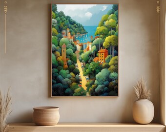 PRINTABLE Green City Abstract Landscape | Coastal Village | Wall Art Decor | Digital Art | Instant Download