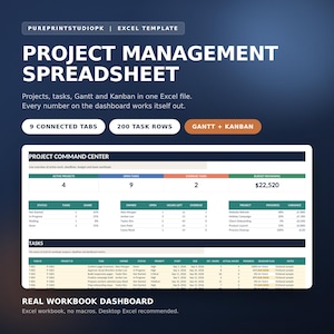 Project Management Excel Template: Dashboard, Gantt, Kanban, Task Tracker (Digital Download)